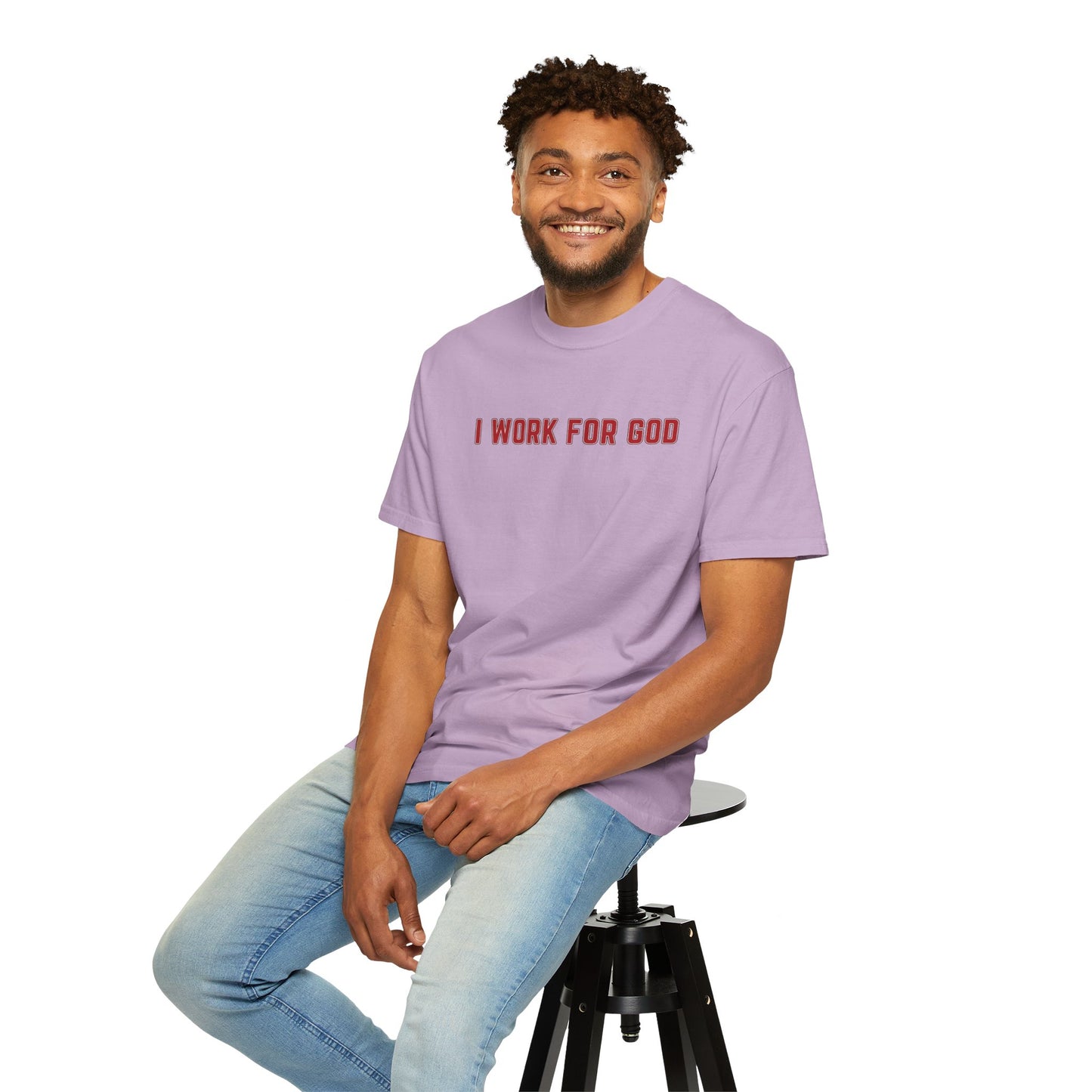 "I Work for God", Unisex T-shirt (Red Font)