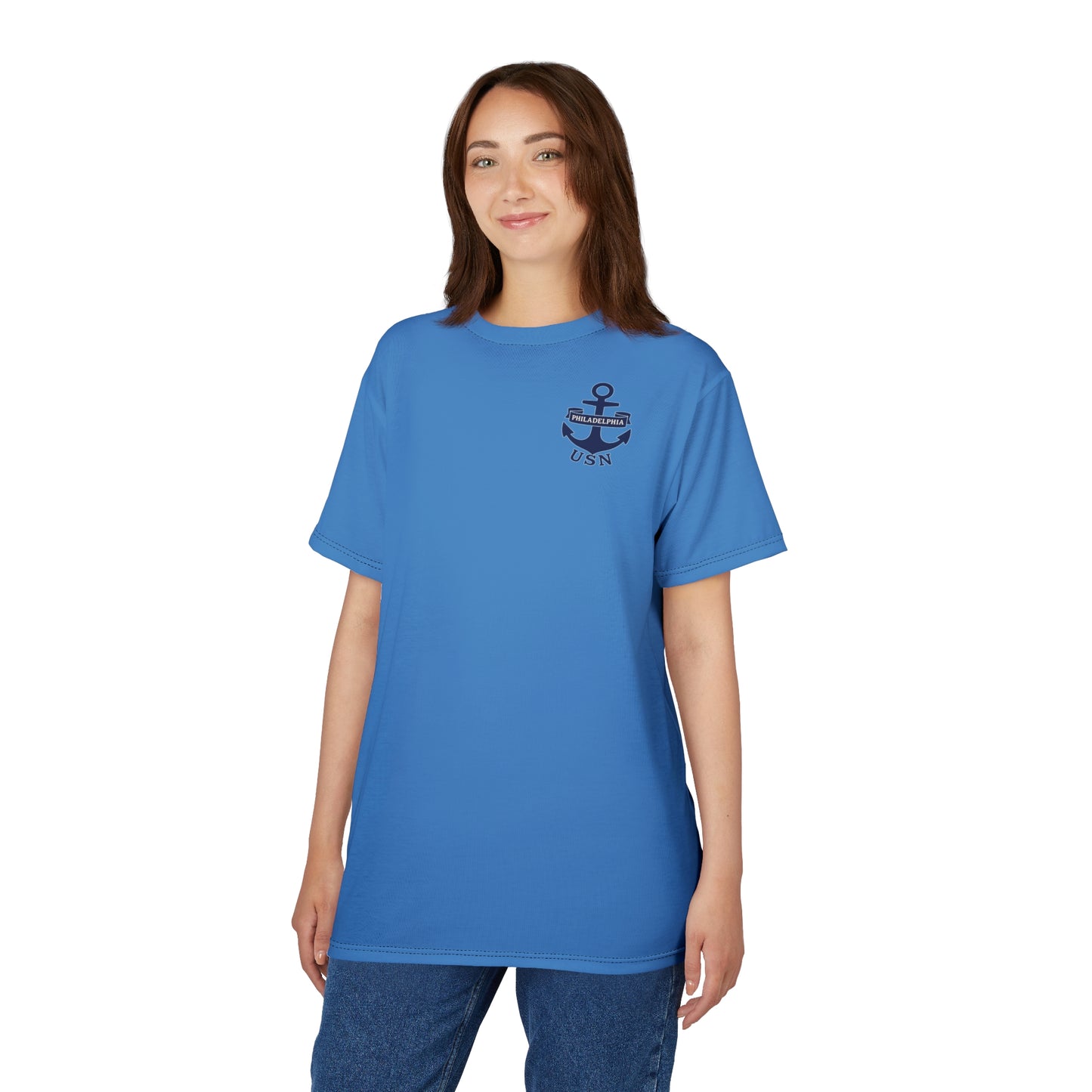 "USN Anchor", Unisex T-shirt (Pop Cyan-Atlantic Blue)
