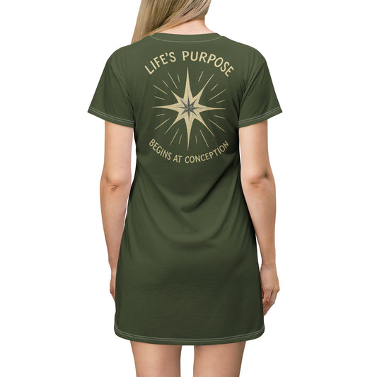 "Life's Purpose Begins at Conception #02", T-Shirt Dress (Deep Canopy Green)