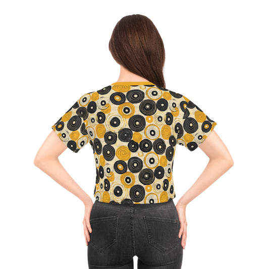 "Old 45's", Wearable Pattern Art Crop Tee (Cyber Yellow Collar)