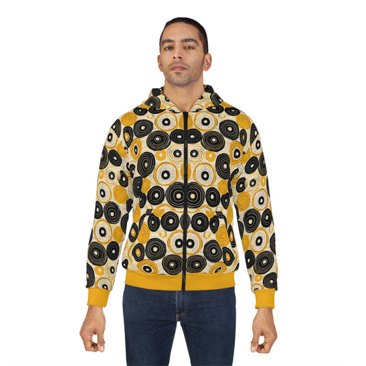 "Old 45's", Wearable Pattern Art Unisex Zip Hoodie (Cyber Yellow Cuffs)