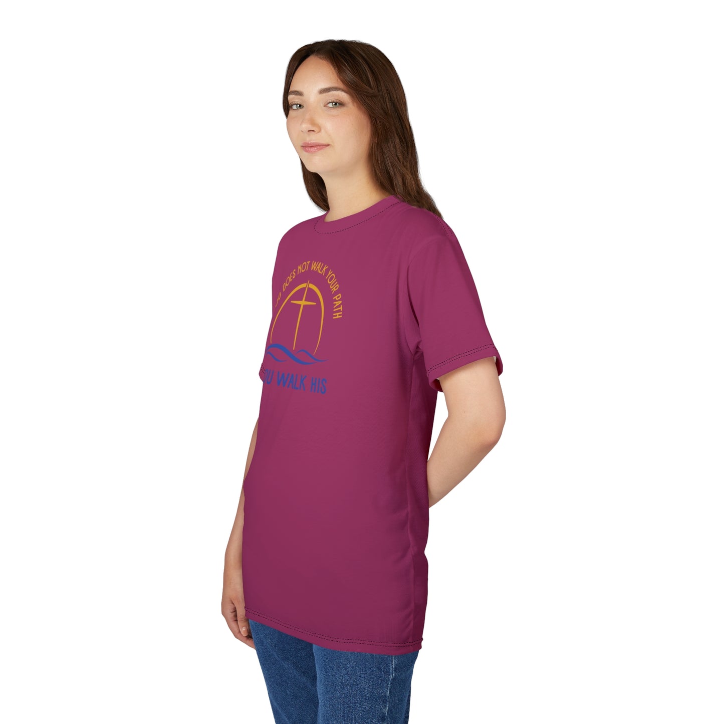 "God Does Not Walk Your Path", Unisex T-shirt (Dark Pink)