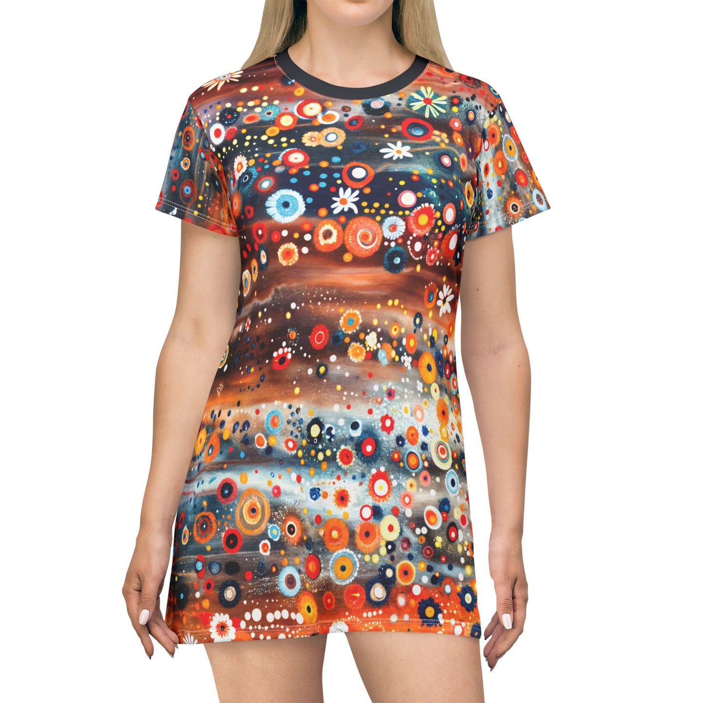 "Raining Flowers", Wearable Fine Art T-Shirt Dress (Blackstone Blue)