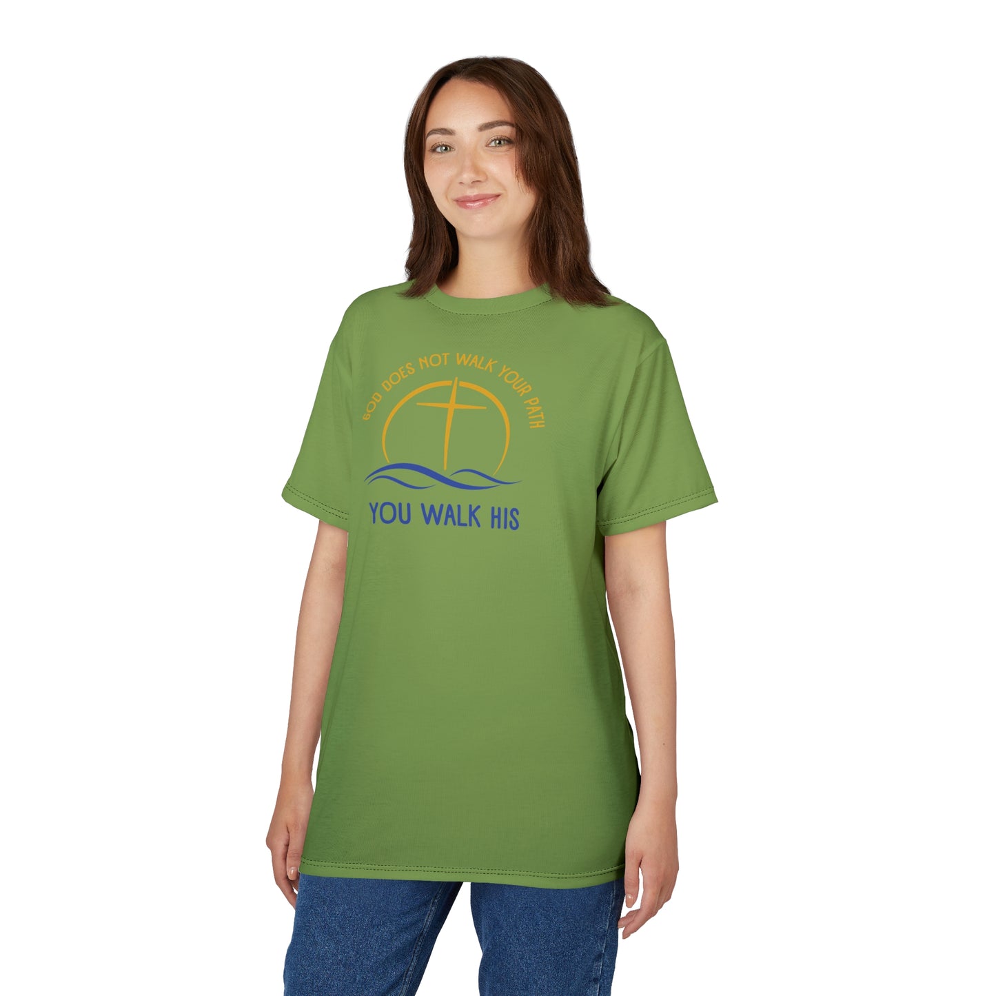 "God Does Not Walk Your Path", Unisex T-shirt (70's Light Green)