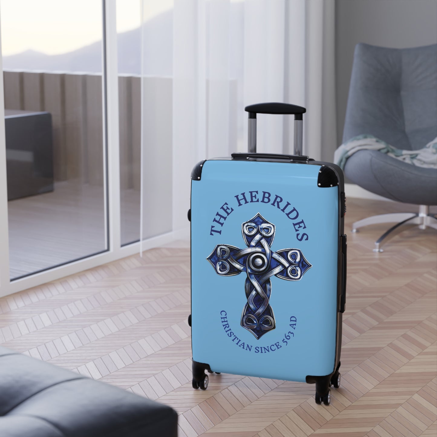 "The Hebrides - Christian Since 563 AD", Suitcases (Sky Blue)