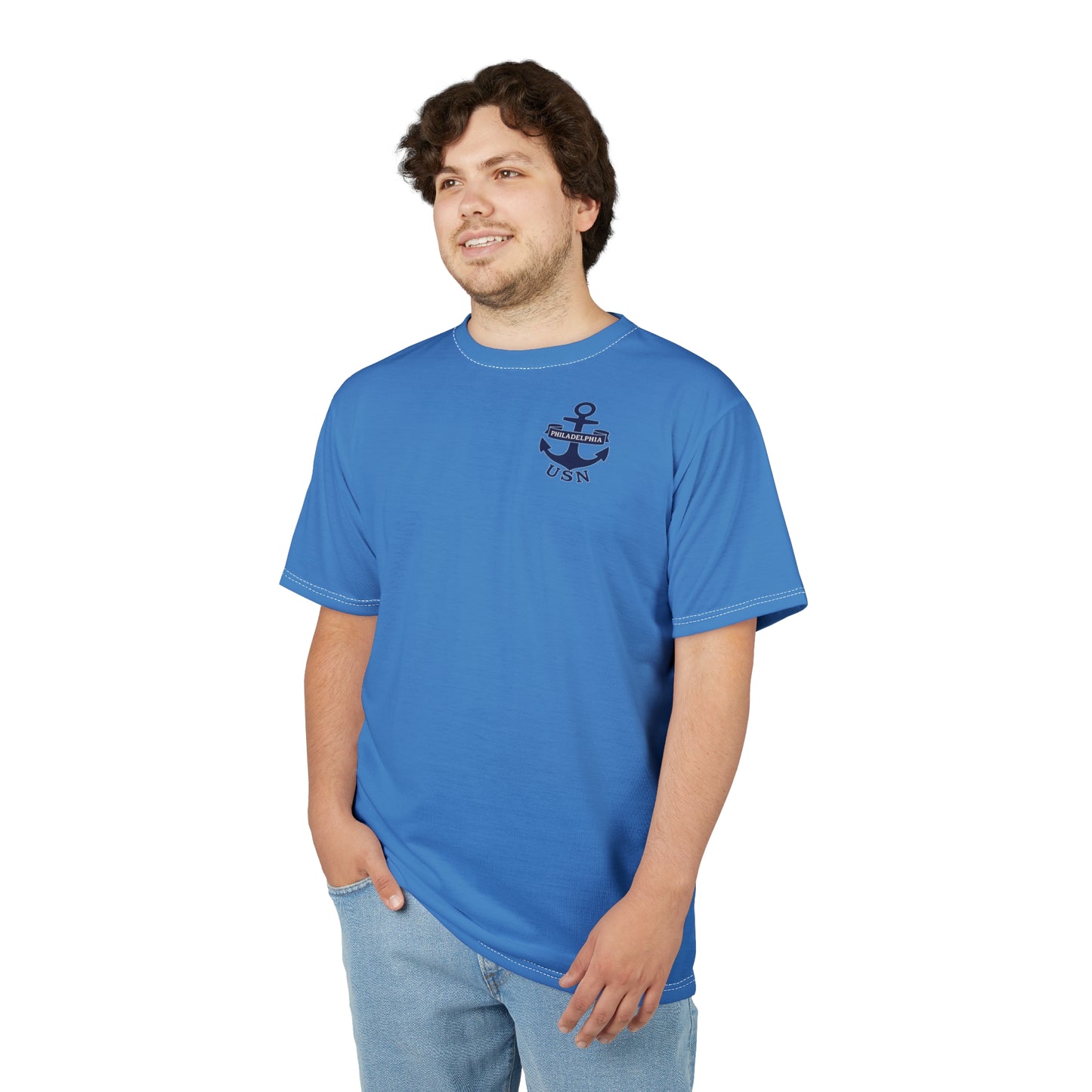 "USN Anchor", Unisex T-shirt (Pop Cyan-Atlantic Blue)