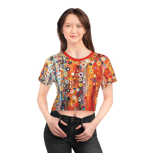 "Raining Flowers", Wearable Fine Art Crop Tee (Scarlet Red Collar)