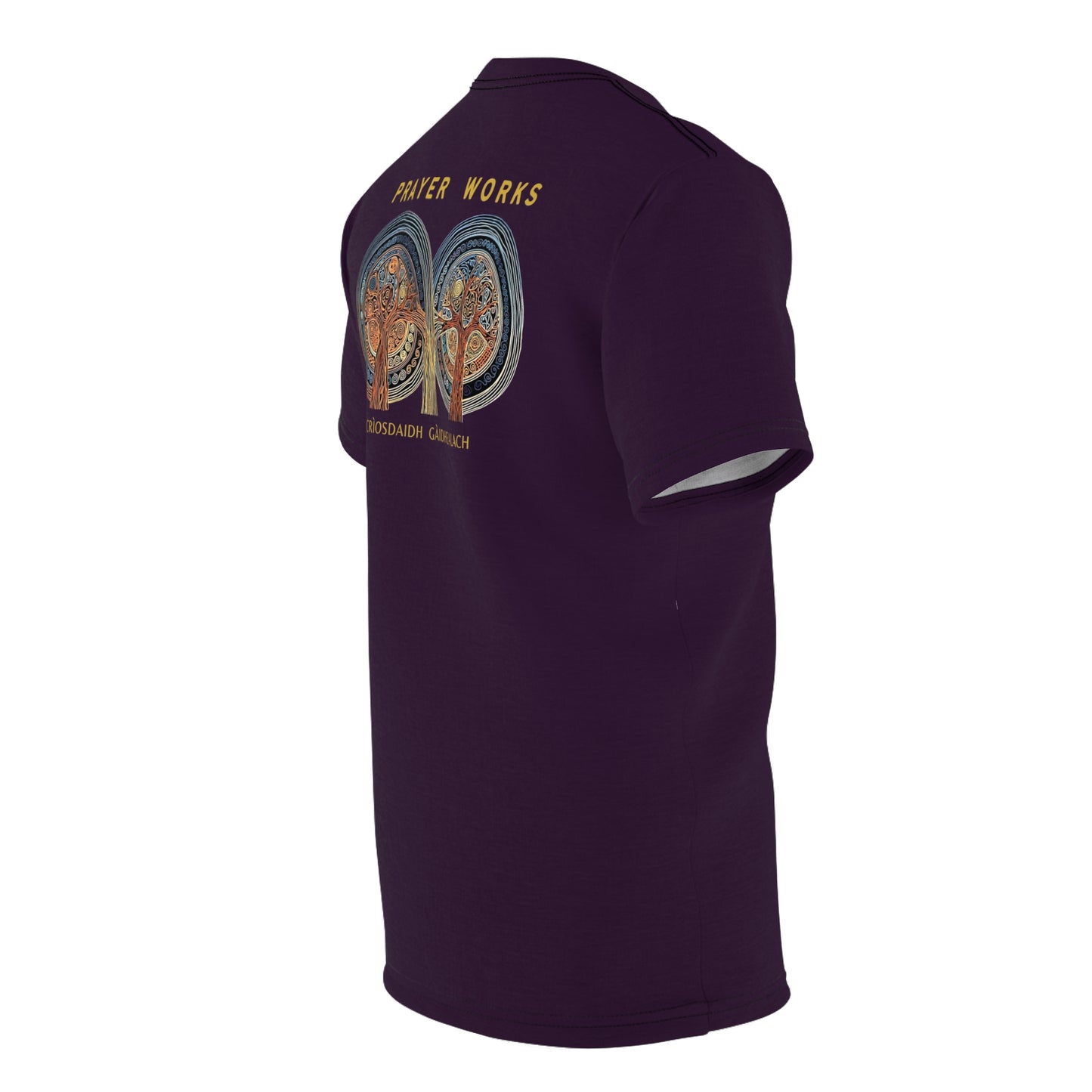 "Prayer Works – Gaelic Christian", Wearable Fine Art Unisex T-shirt (Dark Bramble)