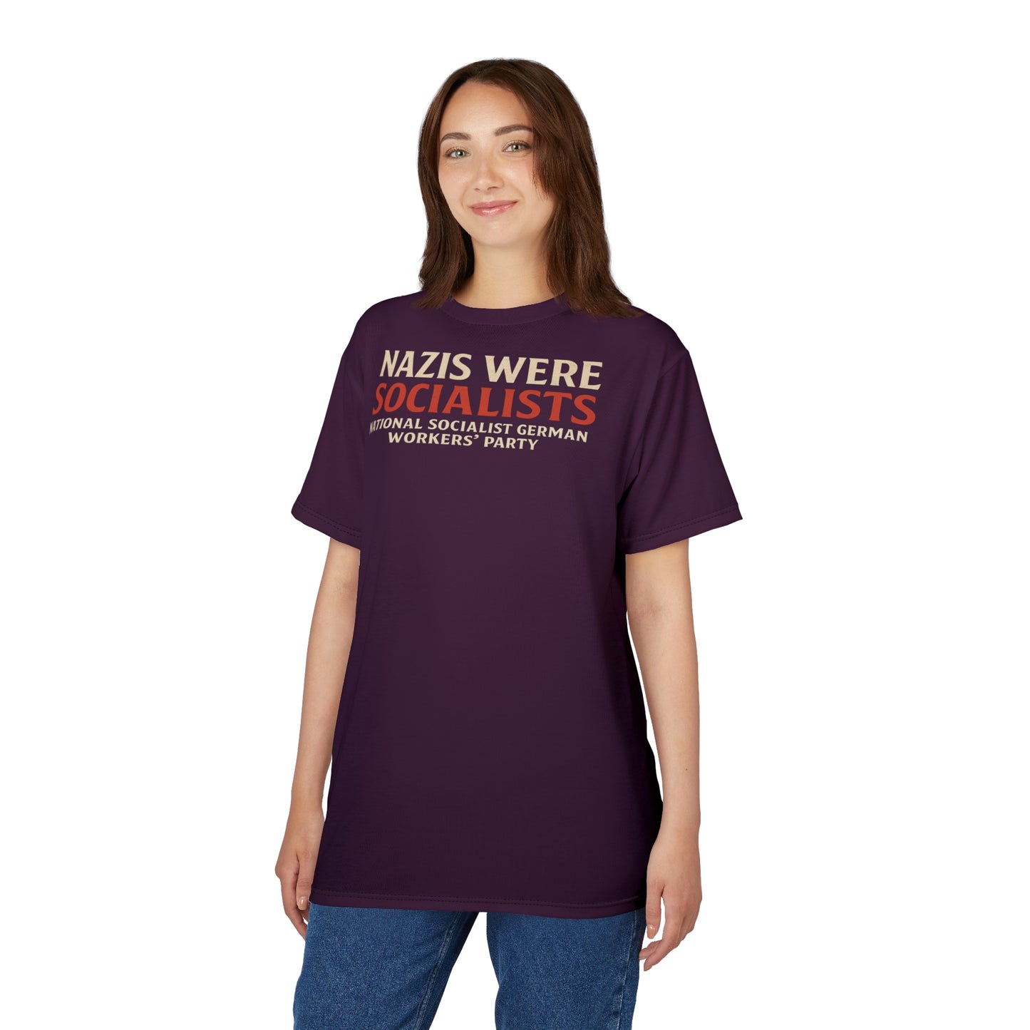 "Nazis were Socialists", Unisex T-shirt (Synallactida Purple)