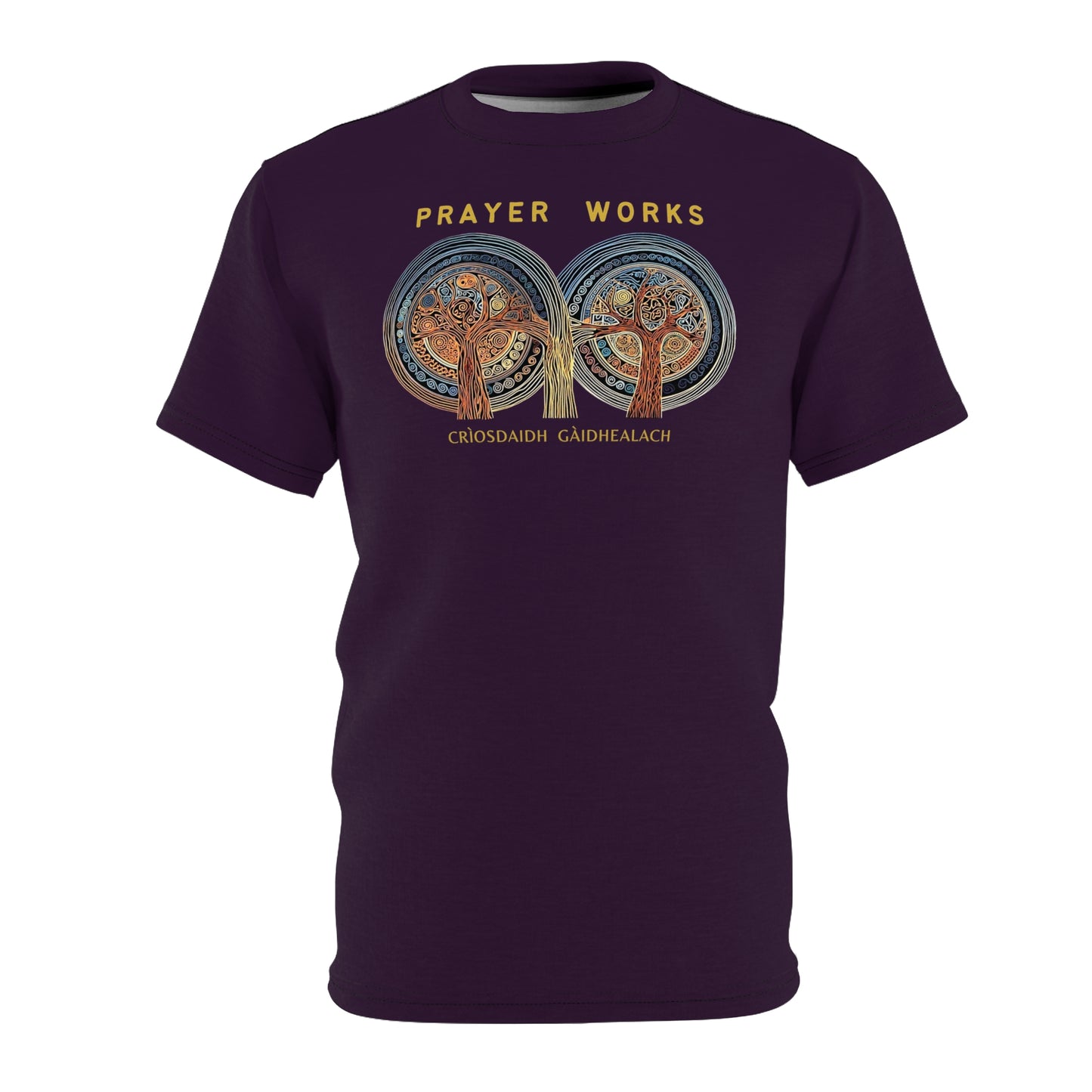 "Prayer Works – Gaelic Christian", Wearable Fine Art Unisex T-shirt (Dark Bramble)