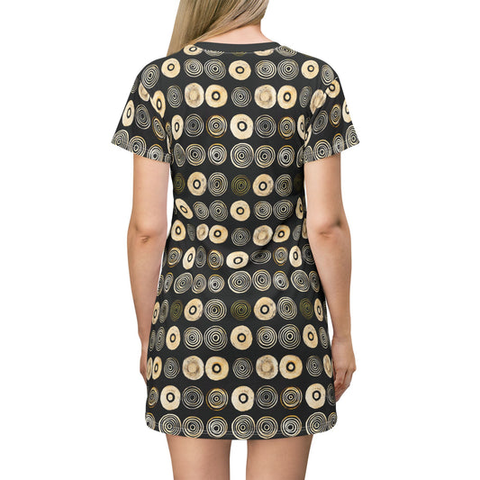 "Punk Polka", Wearable Pattern Art T-Shirt Dress (Plain Black Collar)