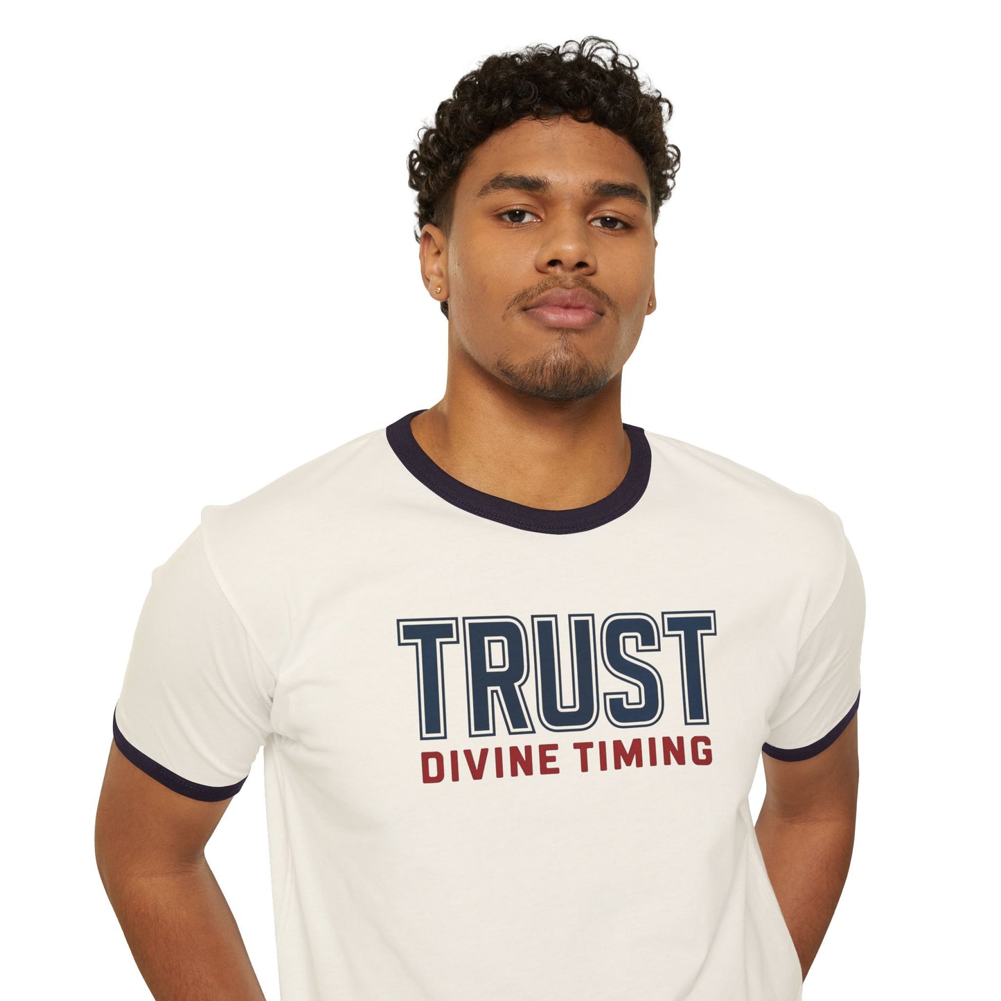 "Trust Divine Timing" #02, Unisex Cotton Ringer T-Shirt