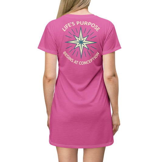 "Life's Purpose Begins at Conception #01", T-Shirt Dress (Rosy Pink)