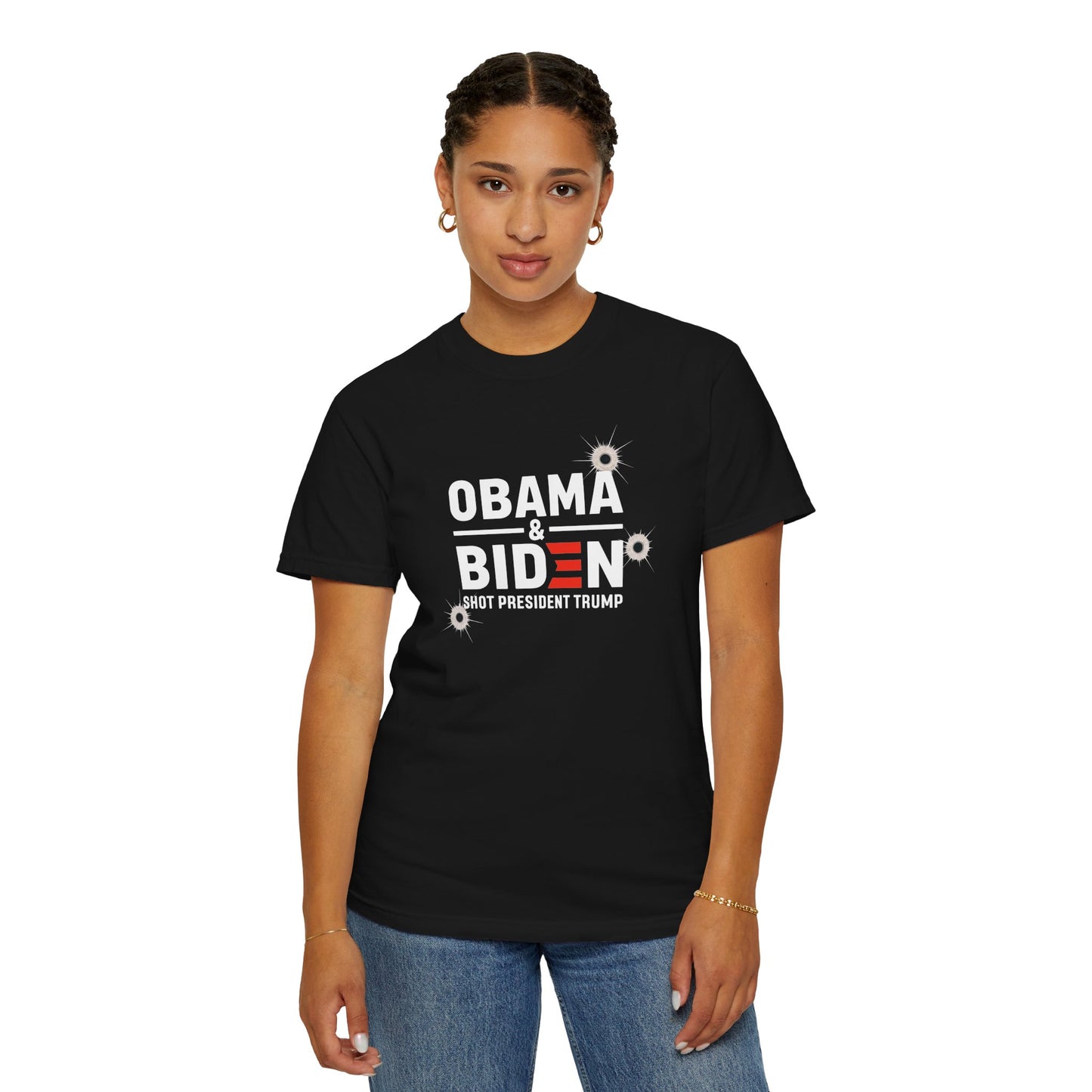 "Obama & Biden Shot President Trump", Unisex Black T-shirt