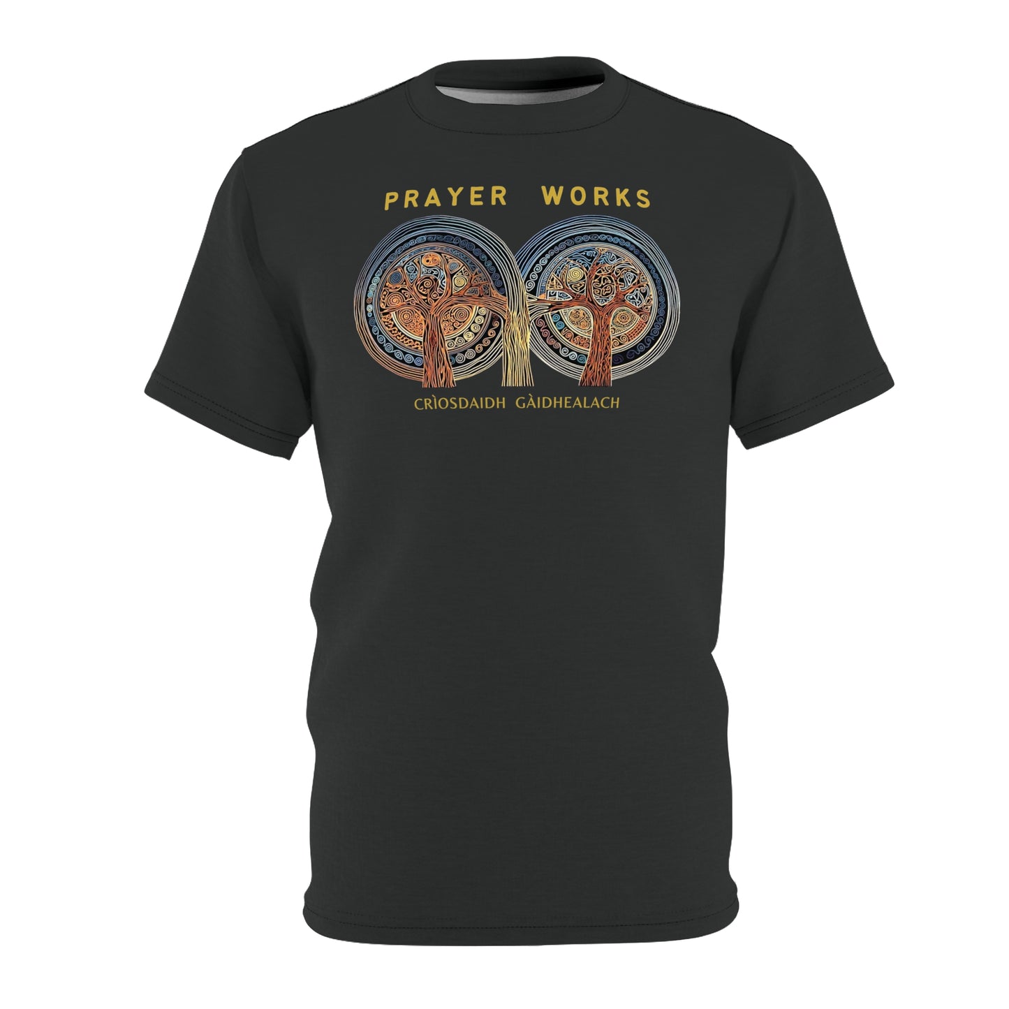 "Prayer Works – Gaelic Christian", Wearable Fine Art Unisex T-shirt (Dark Dùn Grey)