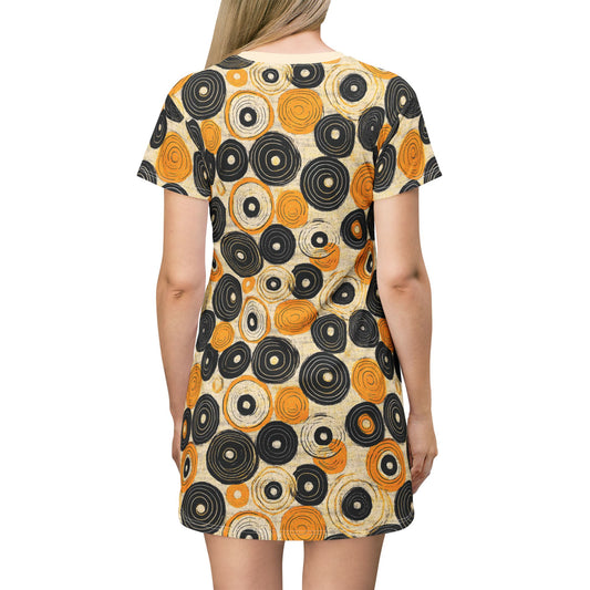 "Old 45's", Wearable Pattern Art T-Shirt Dress (Dough White Collar)