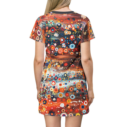 "Raining Flowers", Wearable Fine Art T-Shirt Dress (Blackstone Blue)