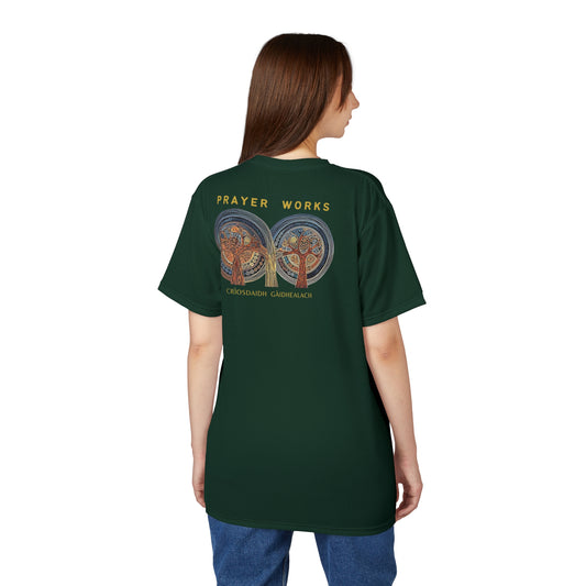 "Prayer Works – Gaelic Christian", Wearable Fine Art Unisex T-shirt (Deep Grove Green)