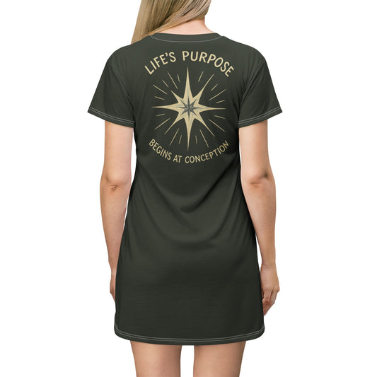 "Life's Purpose Begins at Conception #02", T-Shirt Dress (Black Mesa Green)