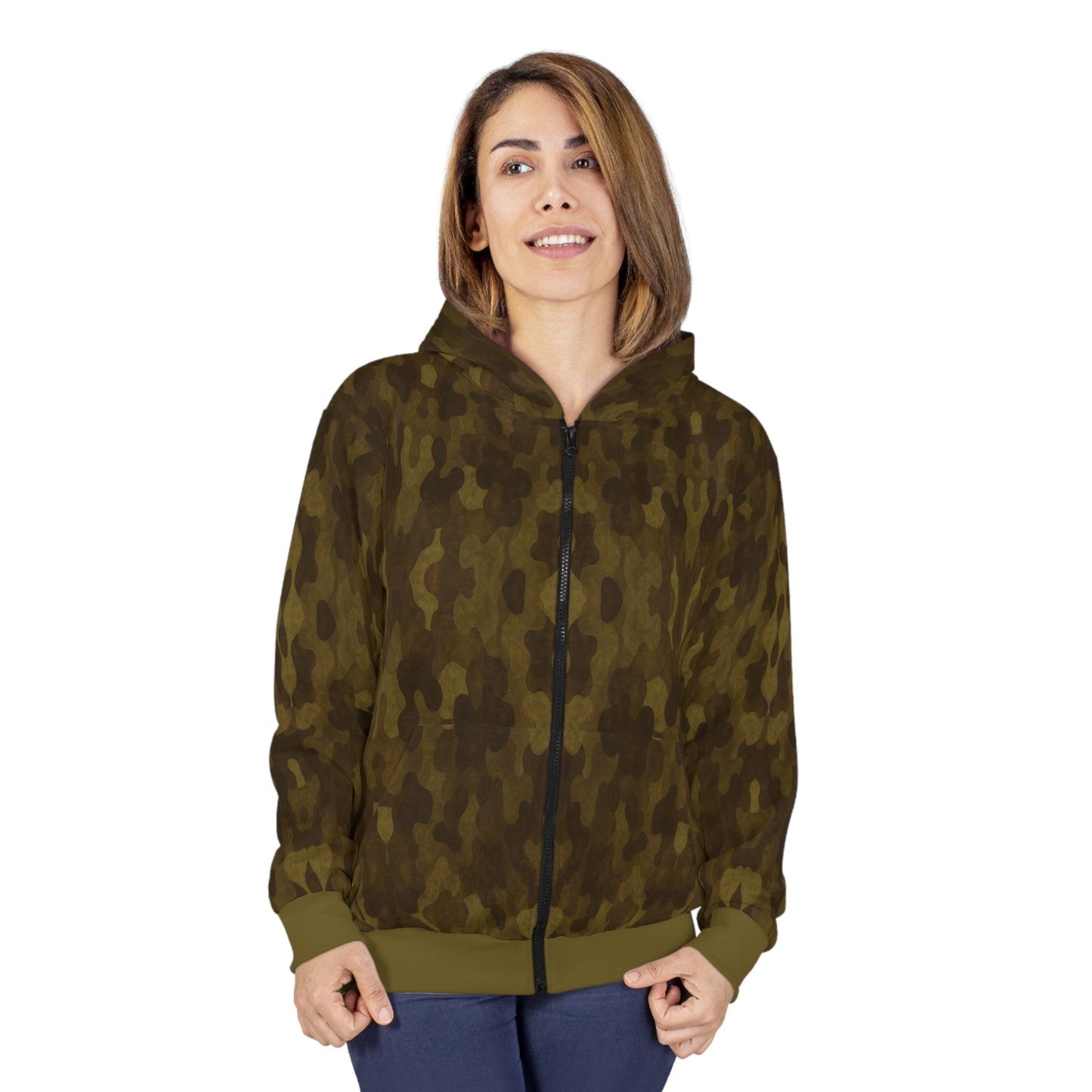 "Swamp Recon Camouflage", Unisex Wearable Art Zip Hoodie (Bogbrush Olive Cuffs and Waist)