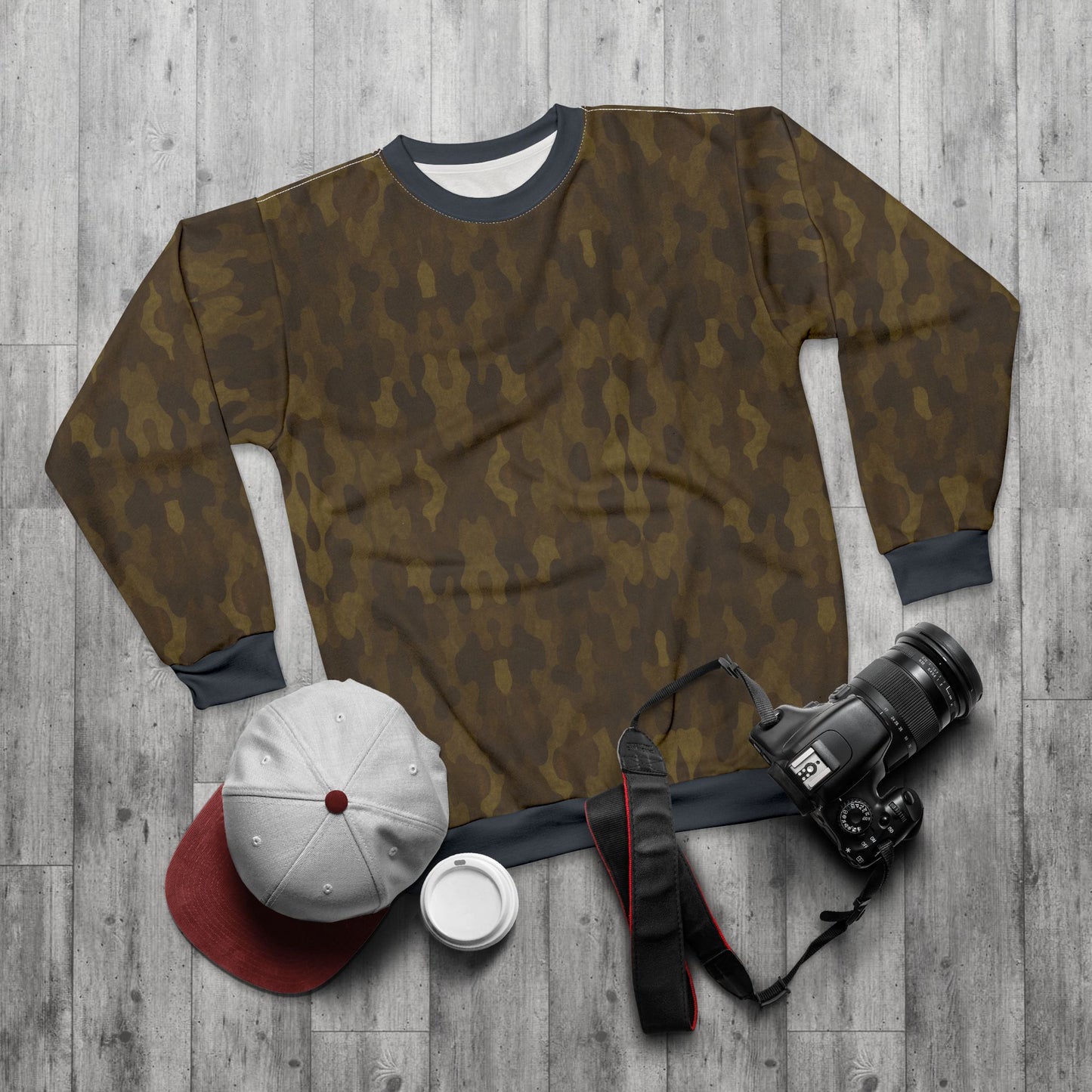 "Swamp Recon Camouflage", Unisex Sweatshirt (Drowned Indigo Cuffs and Collar)