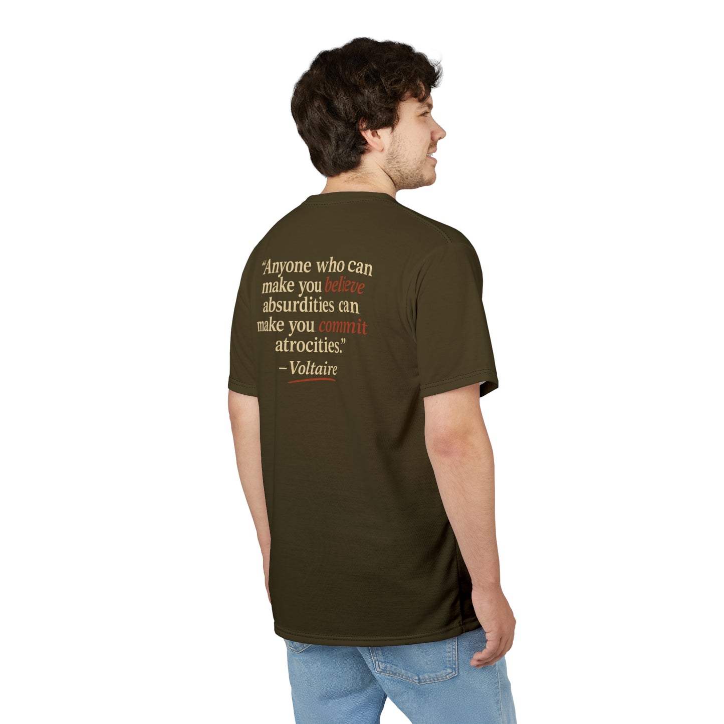 "Beware Woke - Voltaire", Wearable Art Unisex T-shirt (Camouflage Green)