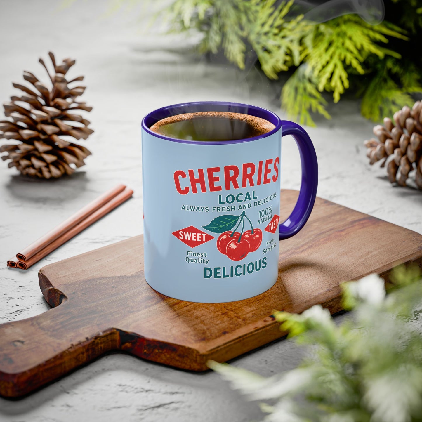 "Delicious Cherries", Colorful Mugs (11oz, 15oz) (Retro Sky)