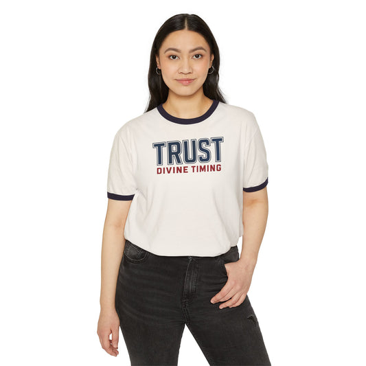 "Trust Divine Timing" #02, Unisex Cotton Ringer T-Shirt