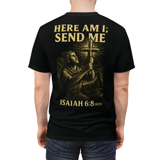 "Isaiah 6:8 (KJV)", Wearable Art Unisex T-shirt (Peatshadow Black)