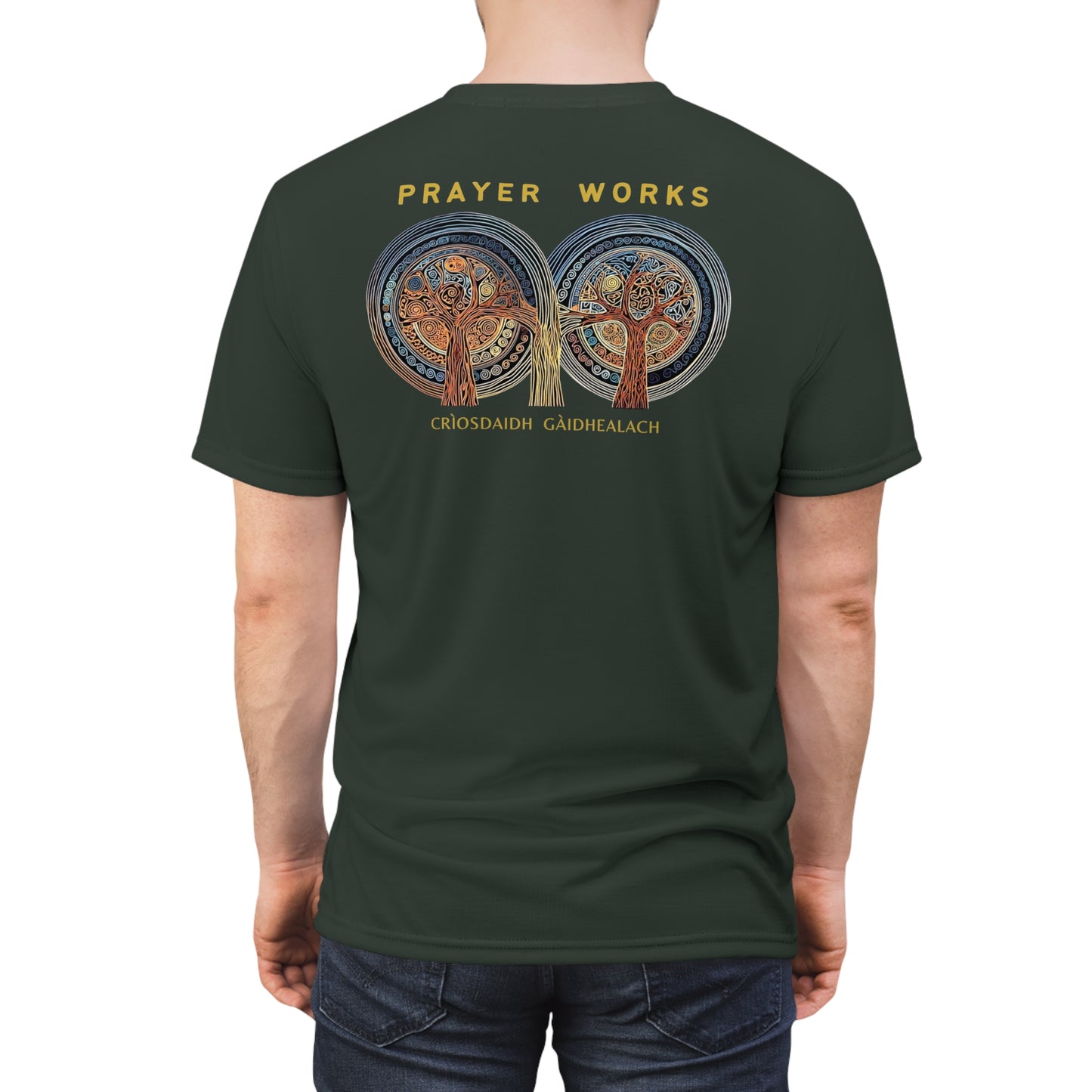 "Prayer Works – Gaelic Christian", Wearable Fine Art Unisex T-shirt (Hail Cloud Grey)