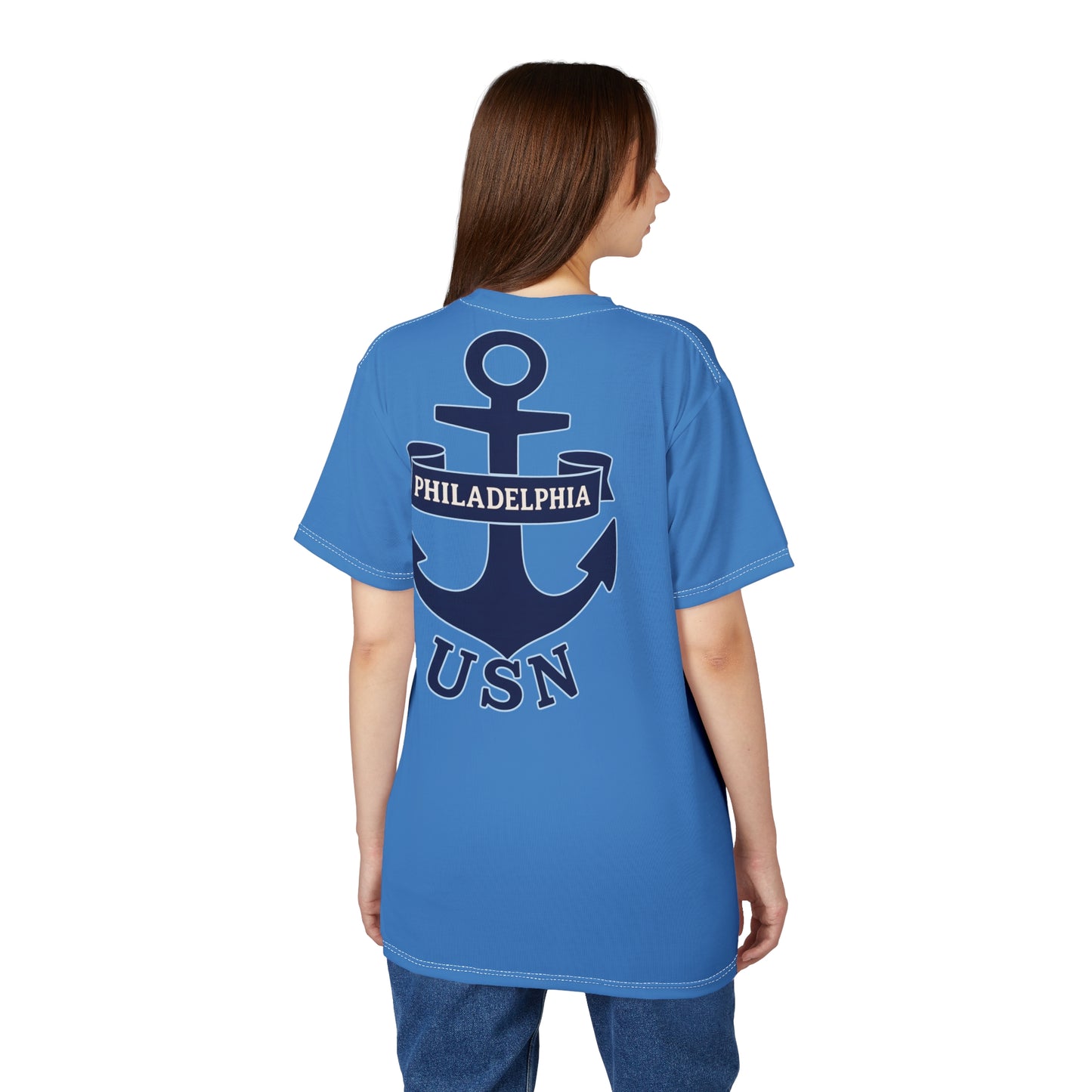 "USN Anchor", Unisex T-shirt (Pop Cyan-Atlantic Blue)