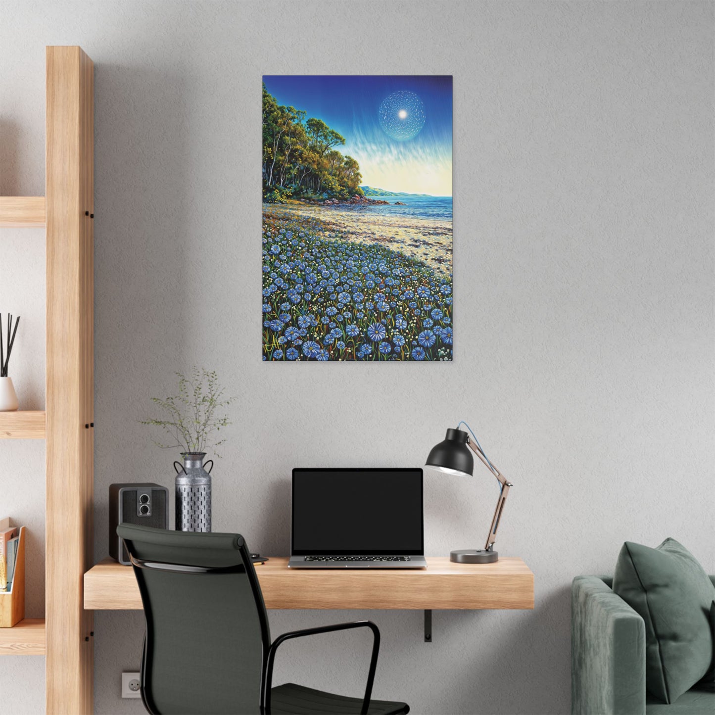 "Azure Petals on Silver Shore", Stretched Classic Canvas Fine Art Print