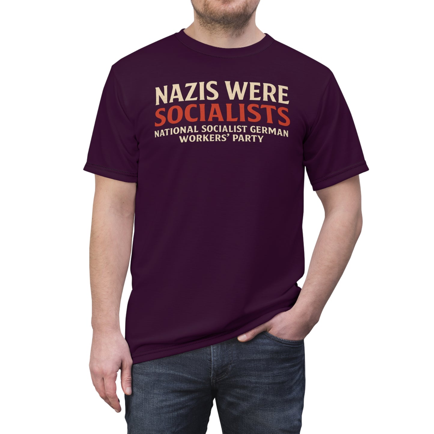 "Nazis were Socialists", Unisex T-shirt (Synallactida Purple)