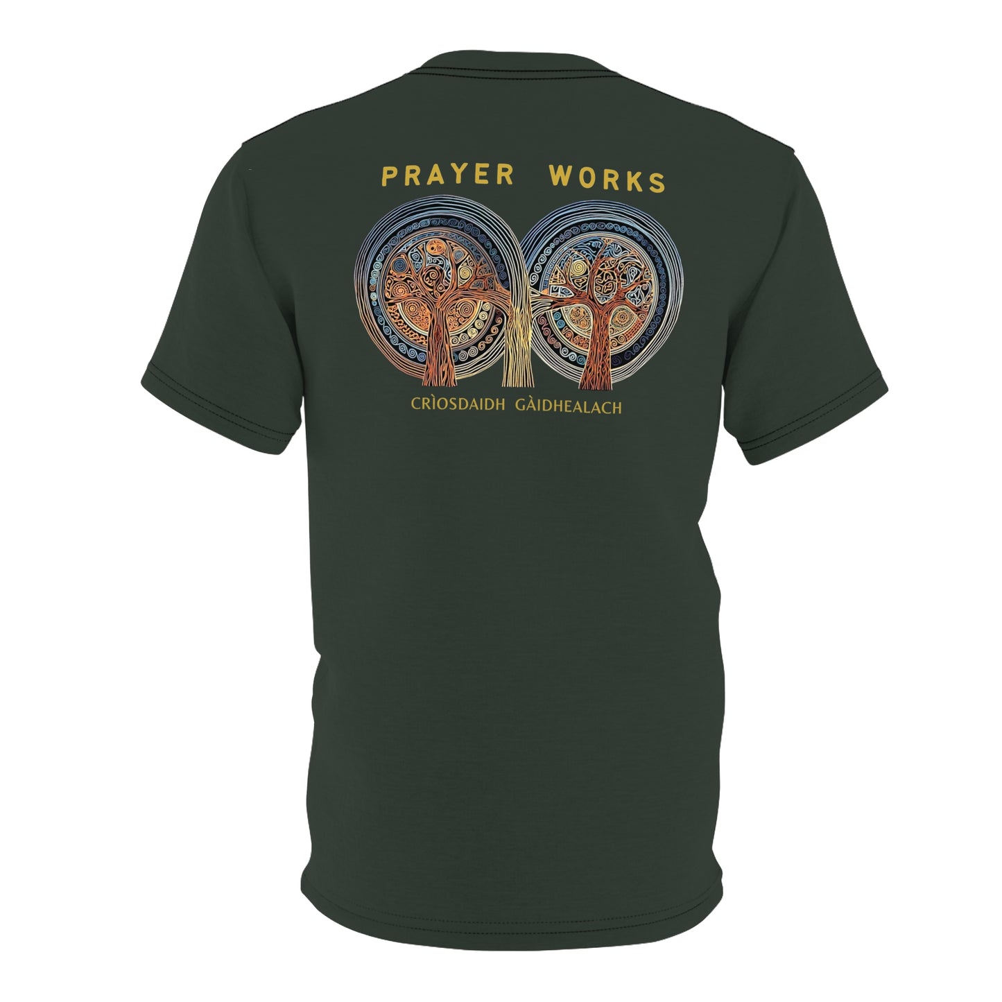 "Prayer Works – Gaelic Christian", Wearable Fine Art Unisex T-shirt (Hail Cloud Grey)