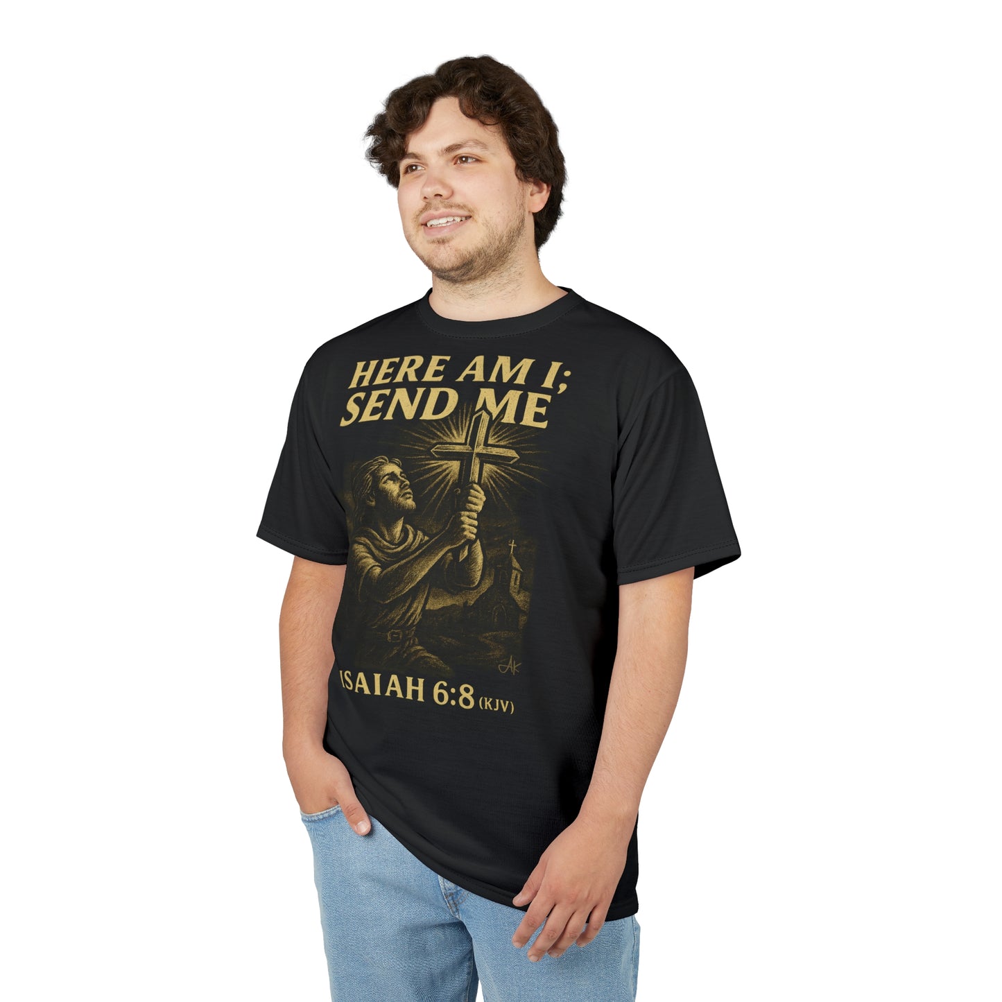 "Isaiah 6:8 (KJV)", Wearable Art Unisex T-shirt (Peatshadow Black)