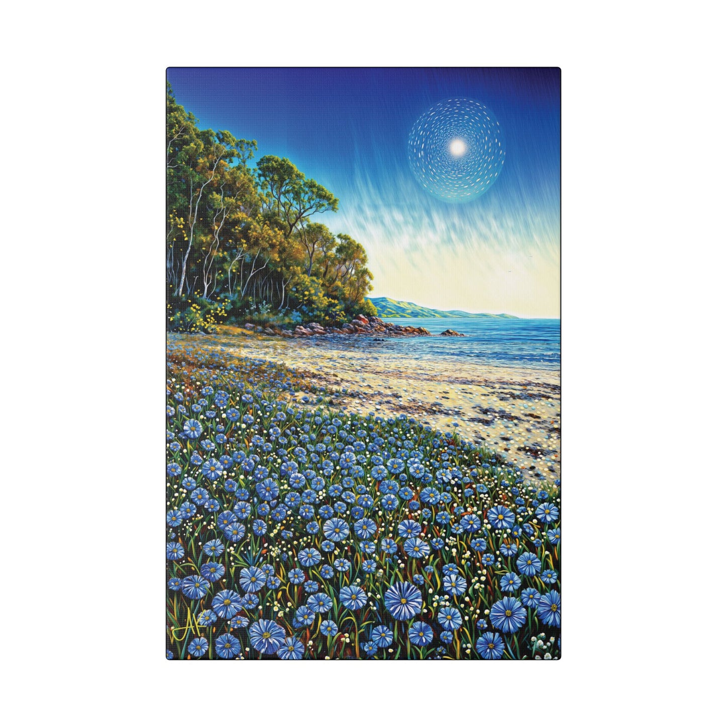 "Azure Petals on Silver Shore", Stretched Classic Canvas Fine Art Print