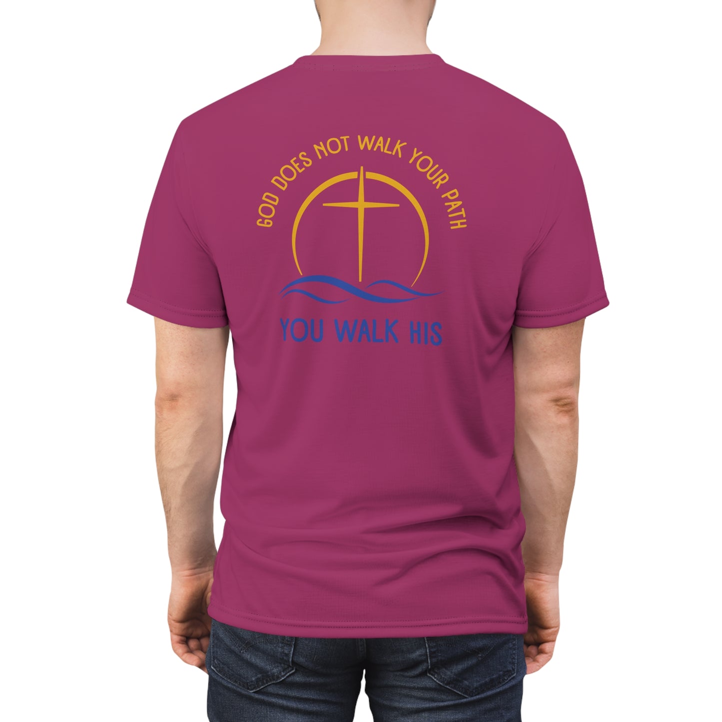 "God Does Not Walk Your Path", Unisex T-shirt (Dark Pink)