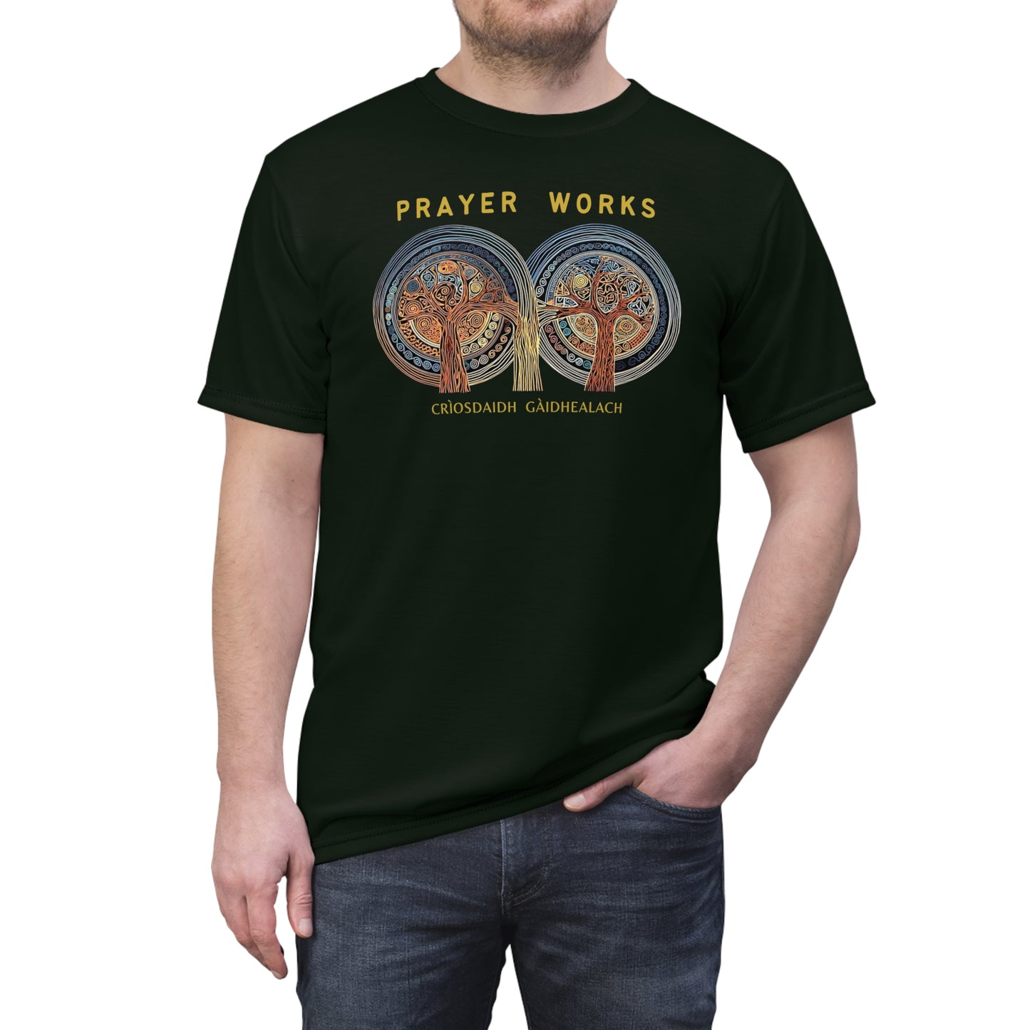 "Prayer Works – Gaelic Christian", Wearable Fine Art Unisex T-shirt (Blackstone Green)