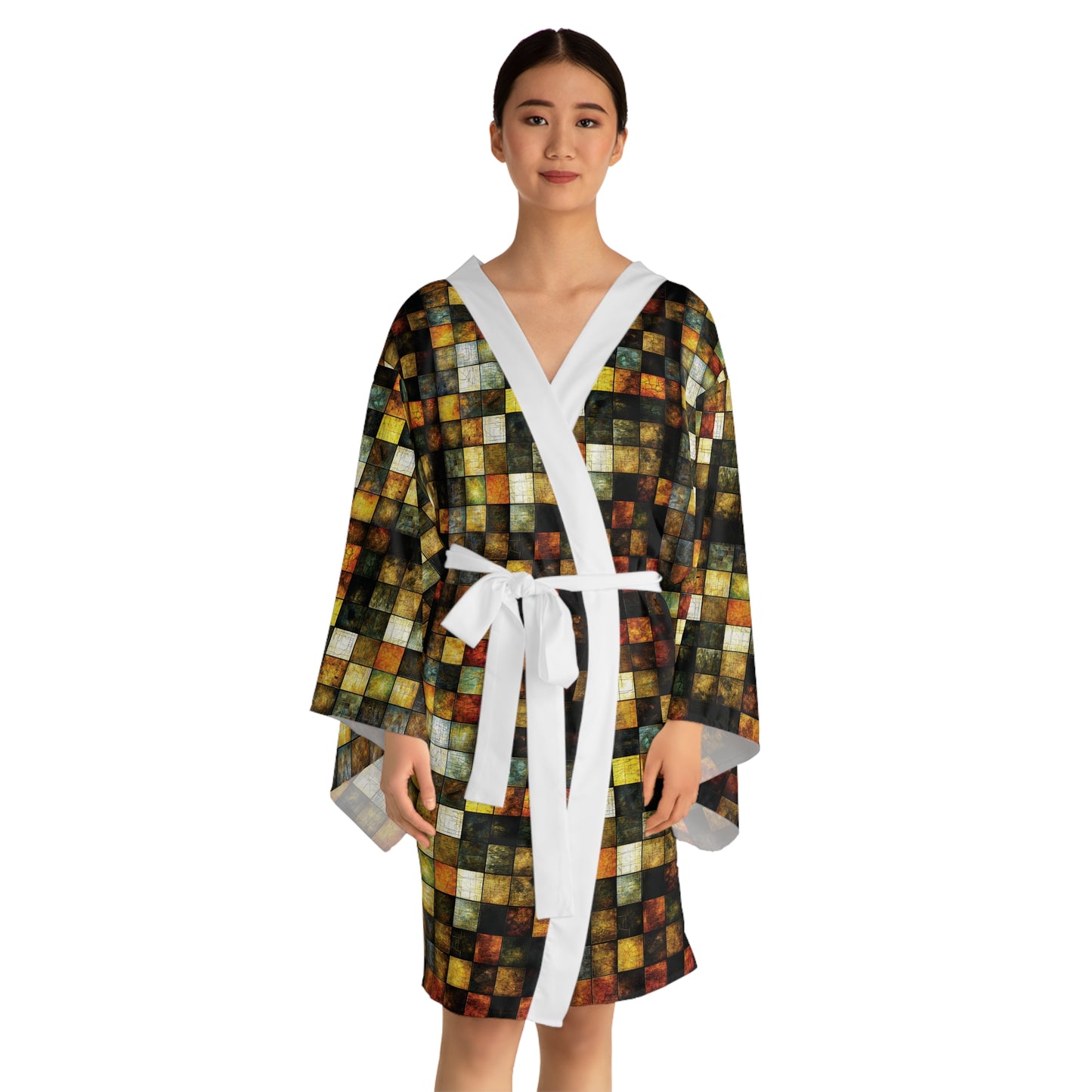 "Wood Block Pattern" #01, Long Sleeve Kimono Robe