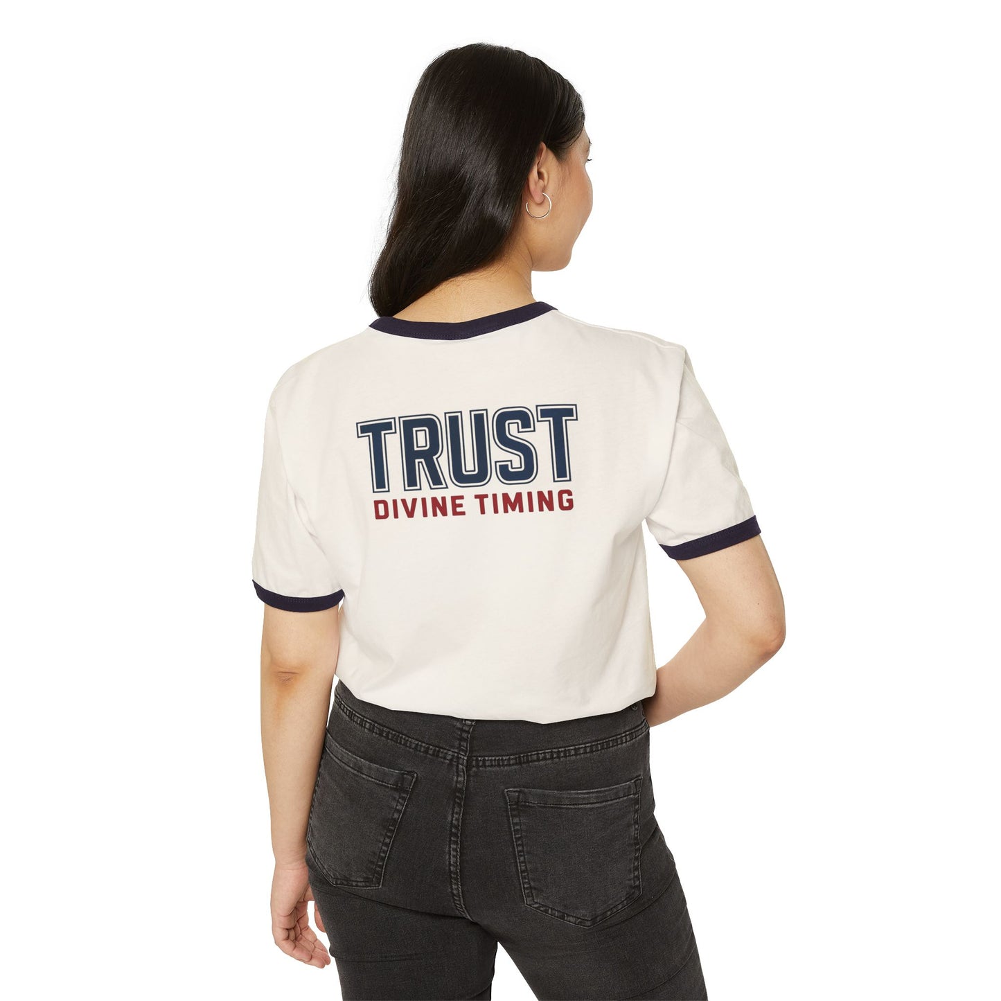 "Trust Divine Timing" #02, Unisex Cotton Ringer T-Shirt