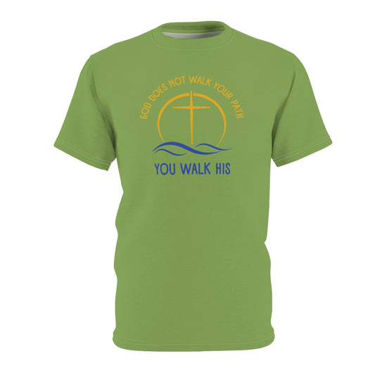 "God Does Not Walk Your Path", Unisex T-shirt (70's Light Green)