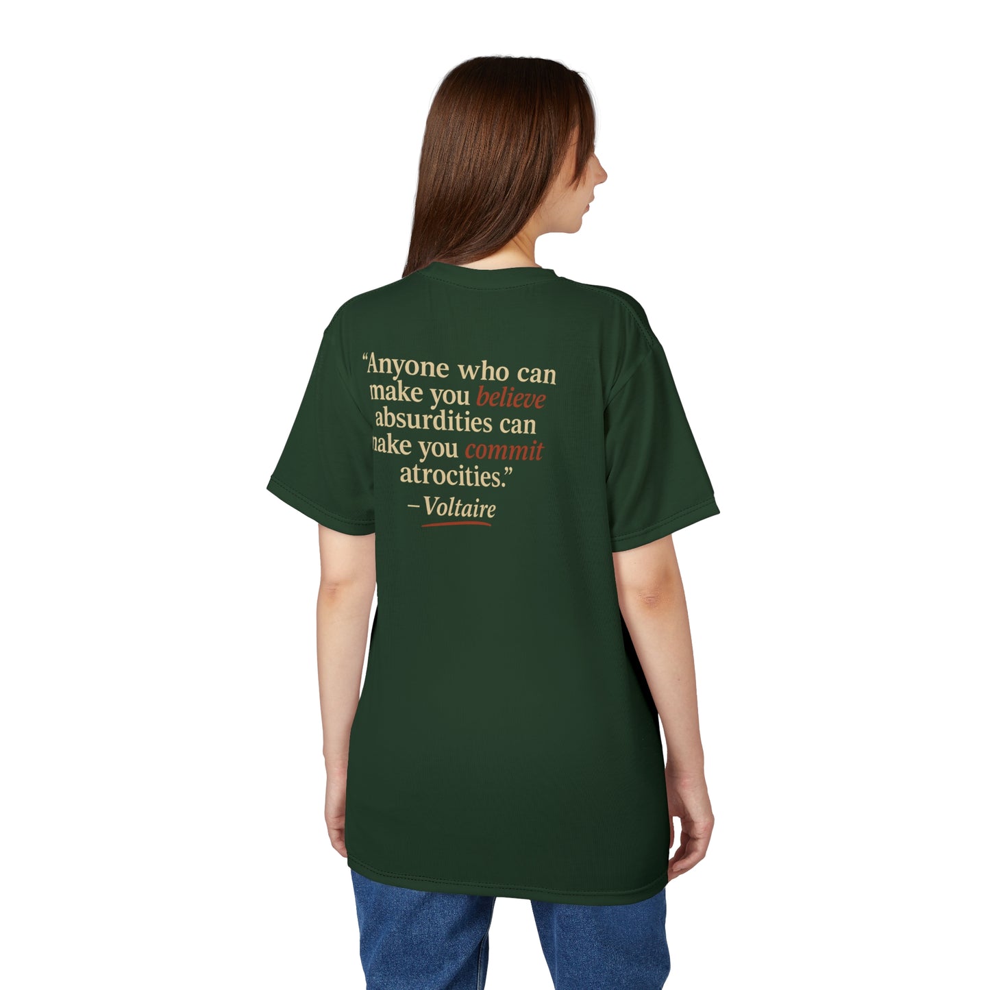 "Beware Woke - Voltaire", Wearable Art Unisex T-shirt (Mireleaf Green)
