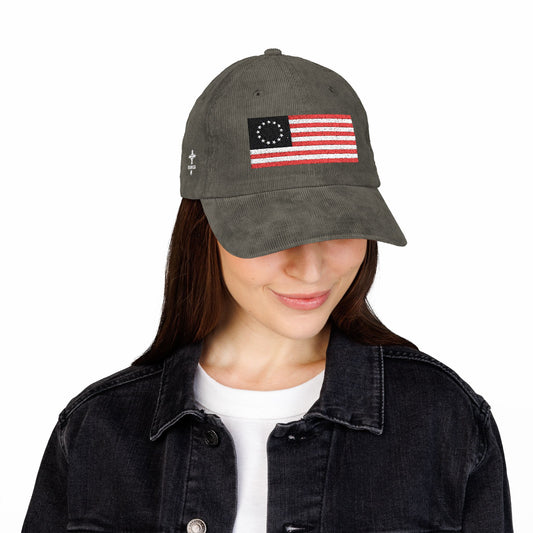 "Betsy Ross Flag + Steadfast Cross", Vintage Corduroy Cap (Embroidery)