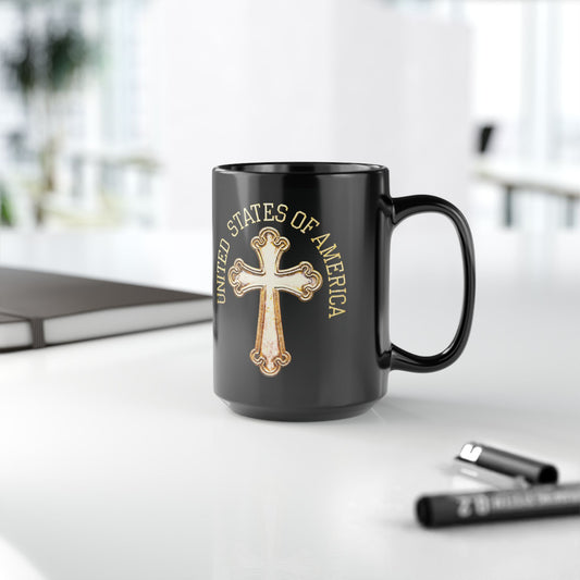 "USA Gold Cross", Black Mug (11oz & 15oz)