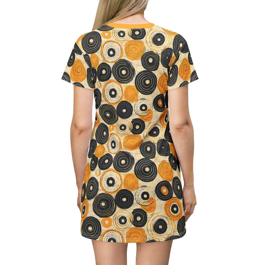 "Old 45's", Wearable Pattern Art T-Shirt Dress (Cyber Yellow Collar)