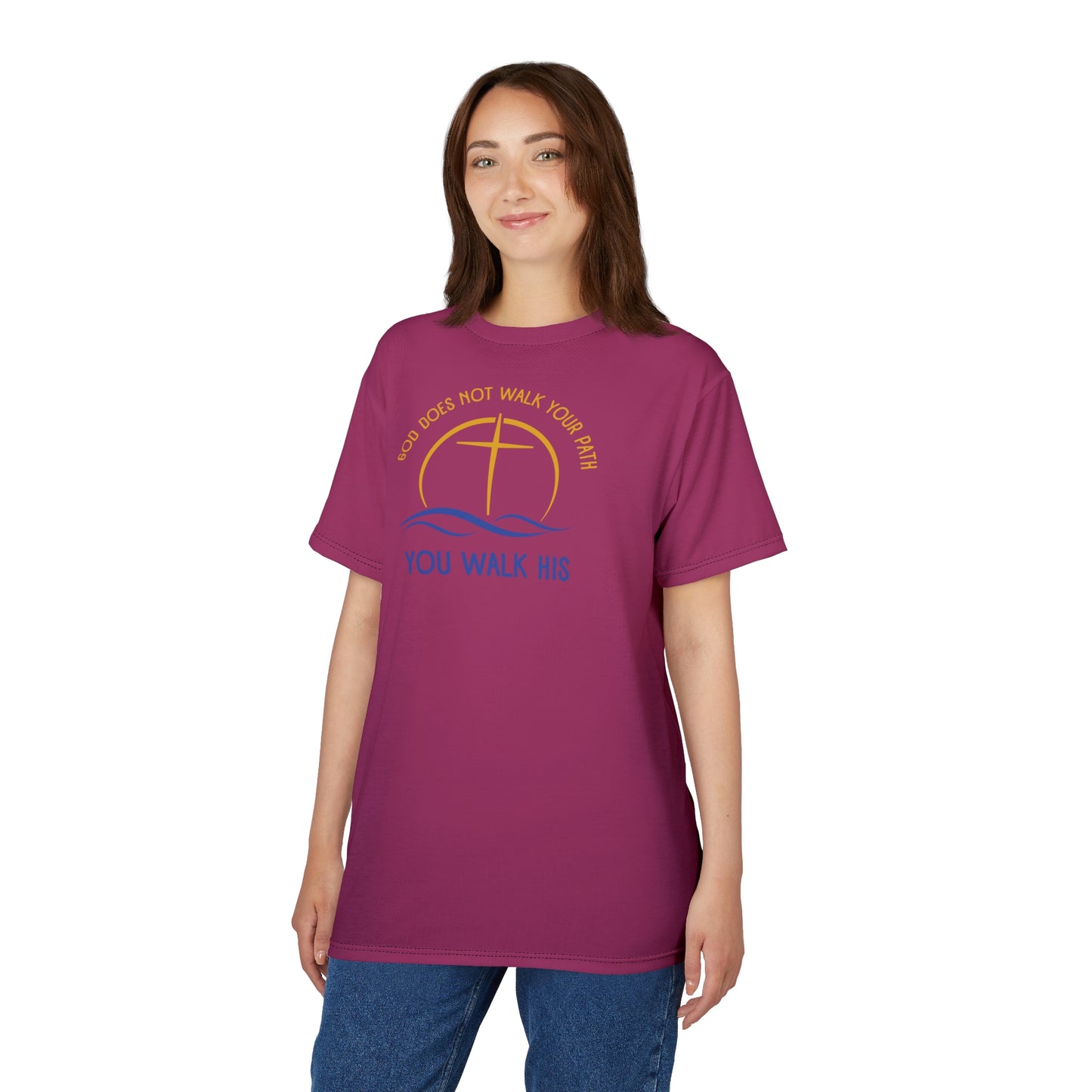 "God Does Not Walk Your Path", Unisex T-shirt (Dark Pink)