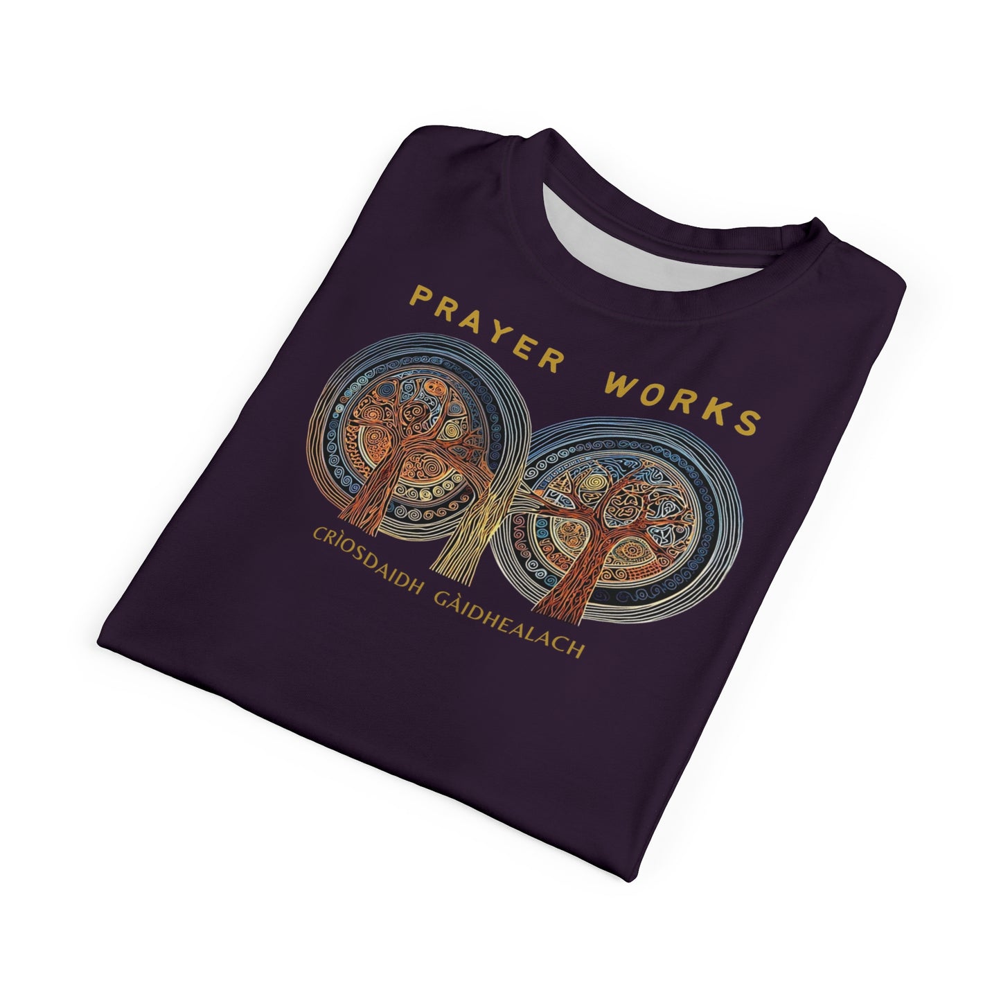 "Prayer Works – Gaelic Christian", Wearable Fine Art Unisex T-shirt (Dark Bramble)