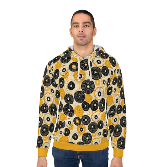 "Old 45's", Unisex Wearable Art Pullover Hoodie (Cyber Yellow Cuffs)