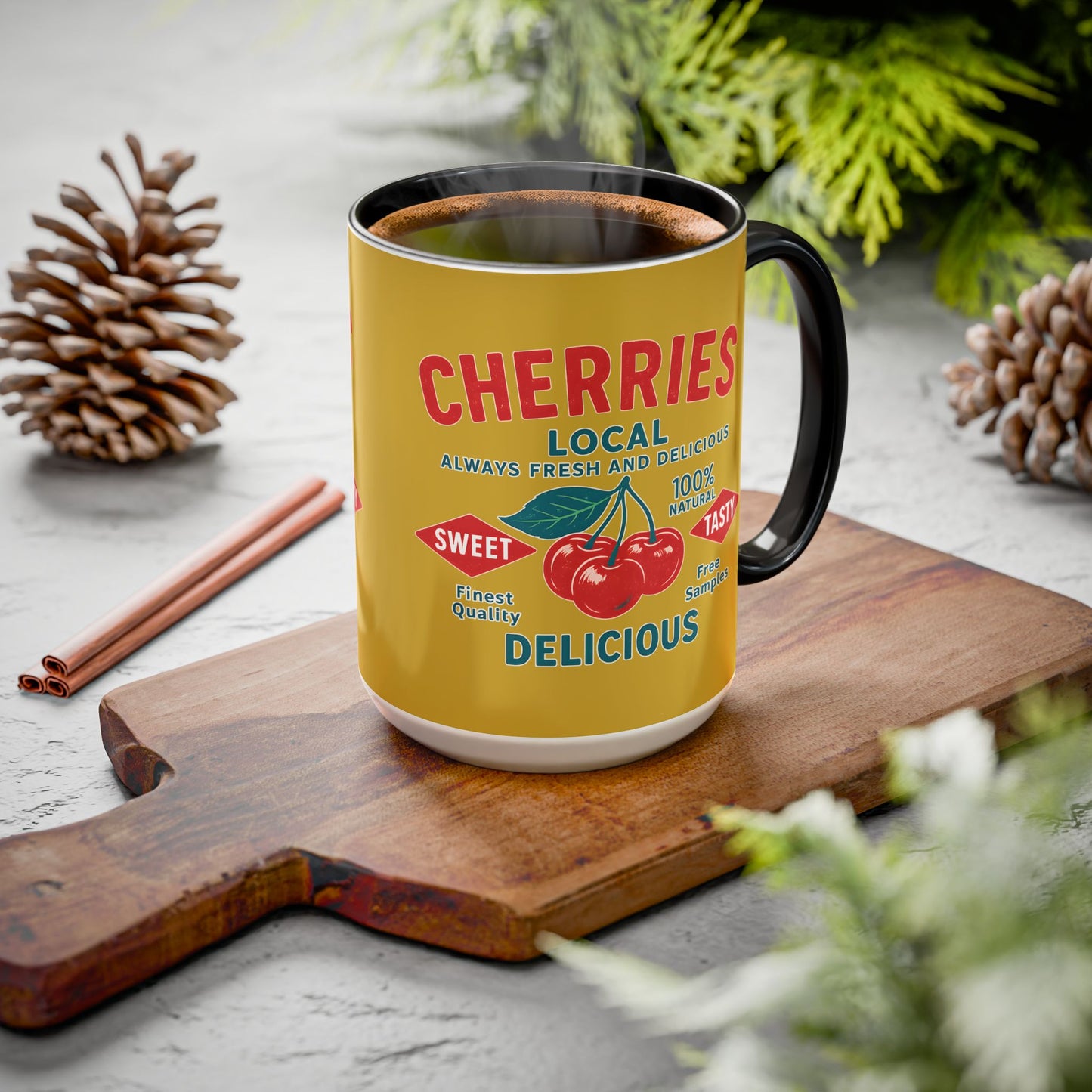 "Delicious Cherries", Colorful Mugs (11oz, 15oz) (Forgelight Gold)