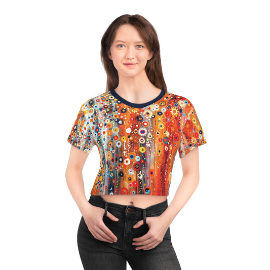 "Raining Flowers", Wearable Fine Art Crop Tee (Deep Ocean Blue Collar)